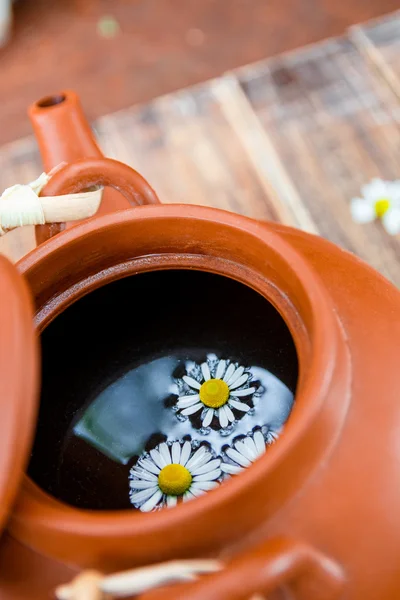 Otevřené hnědé konvici s čajem a květ heřmánku — Stock fotografie