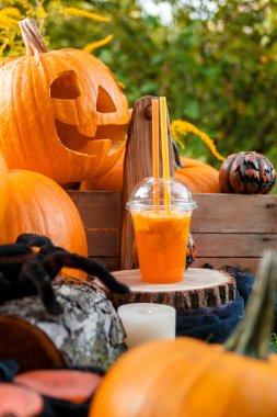 Halloween pumpkins dekorasyon zemin üzerine yakınındaki kokteyl. Bir partisi için kokteyl. Jack-o-Lantern. 