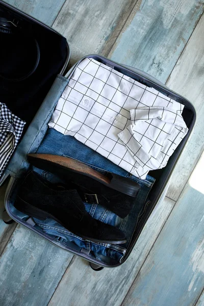 Packing Suitcase Home Business Man Items Stuff Pants Shirts Shoes — Stock Photo, Image