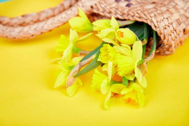 Yaratıcı Top view dairesi bahar kompozisyonu saman torbası saman torbası sarı arka planda çiçek buketi çiçekçi dükkânı konsepti, mutlu Paskalyalar.