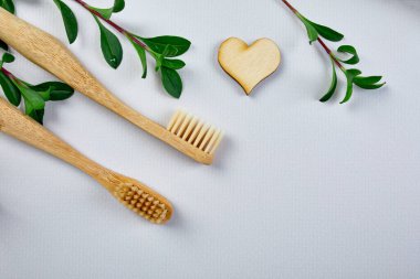 Bambu diş fırçaları, ve gri kağıtta yeşil yapraklar, çevre dostu, sıfır atık kişisel hijyen ürünleri, diş bakımı konsepti