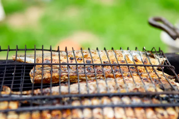 Grillowany Makrela Rybna Gotowane Grillu Plenerze Przepływu Smaczne Świeże Jedzenie — Zdjęcie stockowe