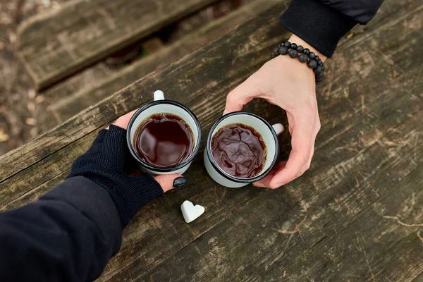 Two Cups Tea Nature Hands Couple Black Gloves Wooden Background — Stock Photo, Image