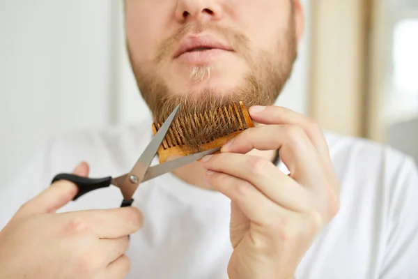 Handsome Man White Shirts Cutting Beard Moustache Personally Himself Scissors — Stock Photo, Image