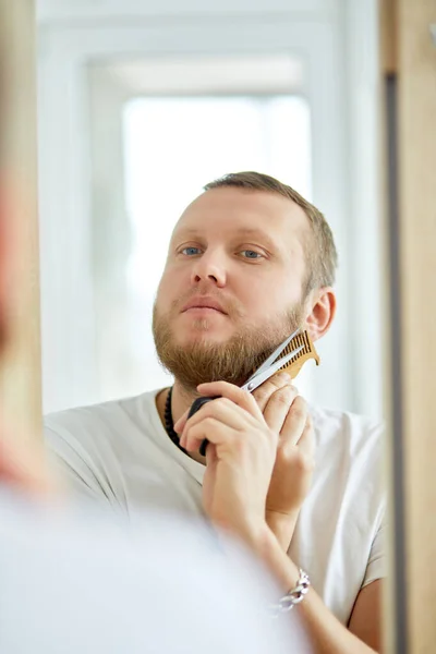 Handsome Man White Shirts Cutting Beard Moustache Personally Himself Scissors — Stock Photo, Image