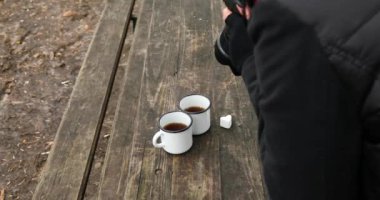 Kadın fotoğrafçı, blogcu, seyahat, hobi ve yaşam tarzı konsepti, kadın el kamerası ve iki diş minesi fincanı kamp çayı, açık hava.