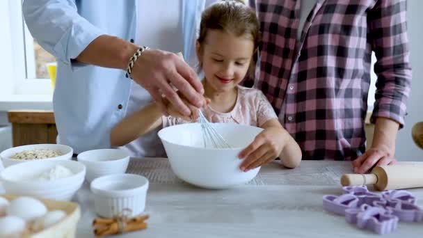 Mother Father Daughter Preparing Dough Together Kitchen Happy Family Cooking — Stock Video