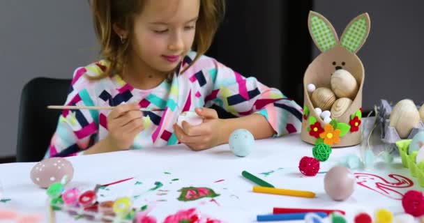 Happy Little Girl Painting Drawing Brush Eggs Home Child Preparing — Stock Video