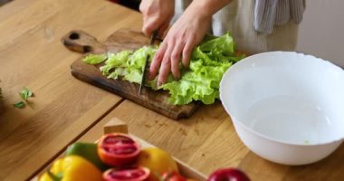 Kadın mutfakta sebze salatası hazırlıyor, tahta kesme tahtasında salata yaprağı kesiyor, sağlıklı gıda konsepti, vegan ya da diyet. Kapat.