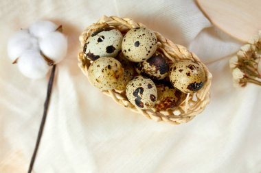 Paskalya yassı kompozisyonu pamuk çiçekleri ve paskalya yumurtaları kumaş arkaplanda küçük bir sepetin içinde yatar. Mutlu Paskalyalar, kopyalama alanı.