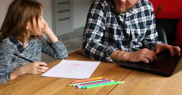 Father Working His Home Office Laptop Her Daughter Sits Next — Stock Video