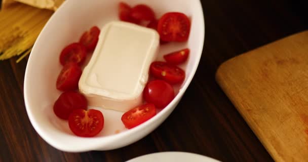 Step Step Woman Cooking Italian Dish Baked Feta Cheese Pasta — Vídeos de Stock