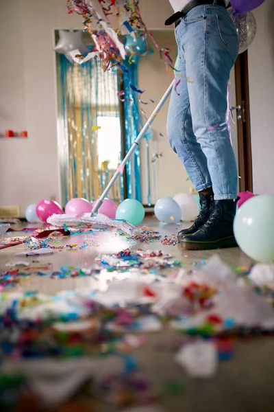 Woman Pushbroom Cleaning Mess Floor Room Party Confetti Morning Party — Stock Photo, Image