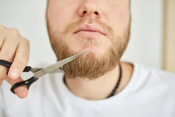 Handsome Man White Shirts Cutting Beard Moustache Personally Himself Scissors — Stock Photo, Image