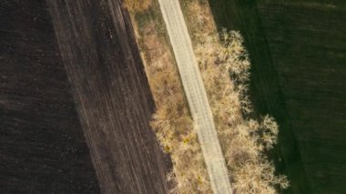 Toprak, yol ve yeşil alan üzerinde uçan insansız hava aracı tarla arazisi, kırsal yaşam alanı manzarası. Duvar kağıdı deseni, Çiftlik