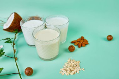 Çeşitli vejetaryen bitkiler süt ve malzemeler, süt içermeyen süt, alternatif tip vejetaryen sütler mavi arka planda fotokopi alanı olan