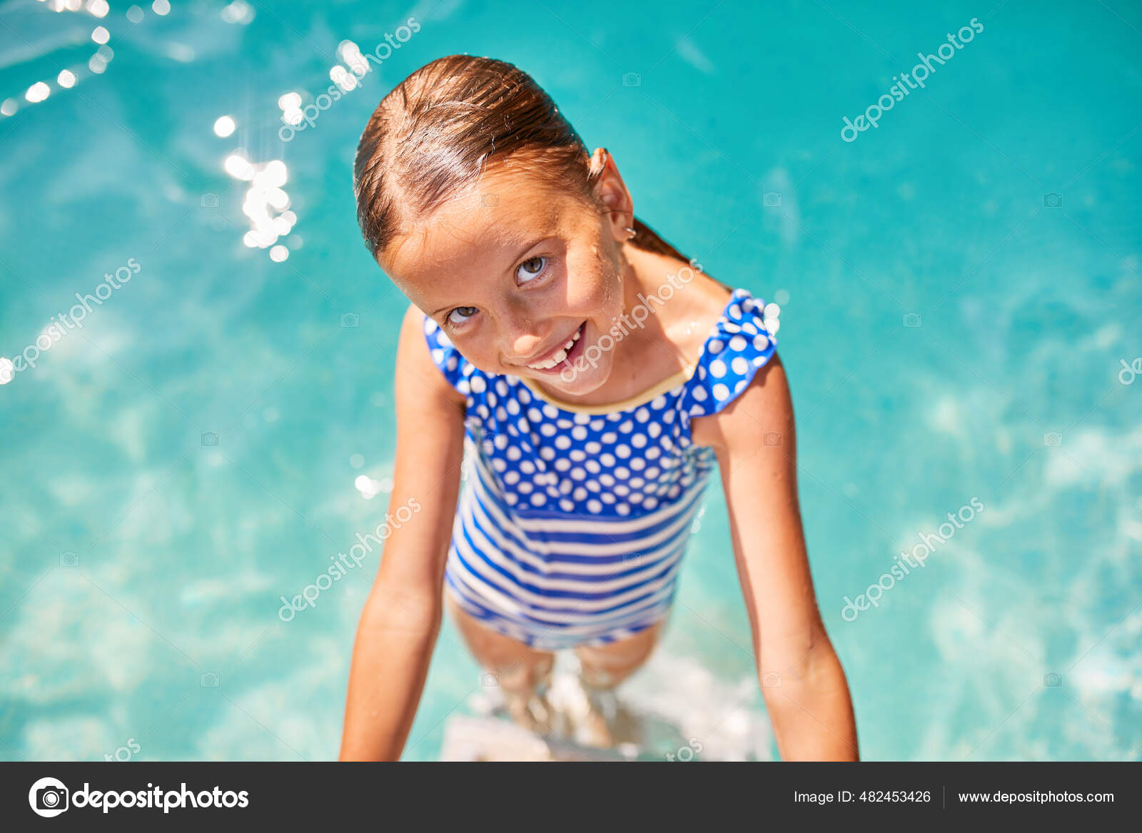 Child Steps Climbing Out Pool Little Girl Having Fun Swimming Stock