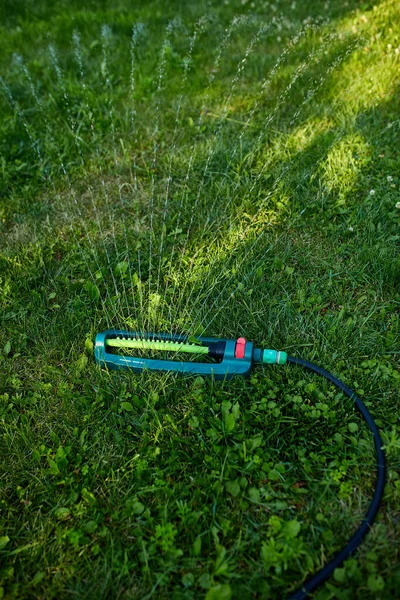 Spruzzatore Giardino Oscillante Che Spruzza Acqua Sull Erba Verde Casa — Foto Stock