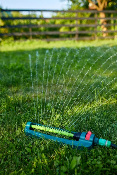 Aspersor Jardín Oscilante Rociando Agua Sobre Hierba Verde Patio Casa —  Fotos de Stock