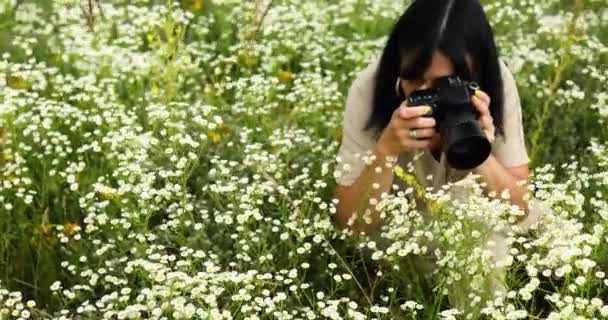 Γυναίκα φωτογράφος τραβήξτε φωτογραφία σε εξωτερικούς χώρους στο τοπίο λουλούδι τομέα κρατώντας μια φωτογραφική μηχανή — Αρχείο Βίντεο