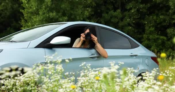 Mulher fotógrafa sentado no carro e fotografando uma paisagem campo de flores — Vídeo de Stock