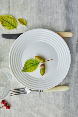 Şükran Günü ya da Cadılar Bayramı 'nda yemek masasında meşe palamudu döşenmiş, beyaz masa örtüsünde yapraklar, yukarıdan manzara, düz yatış.