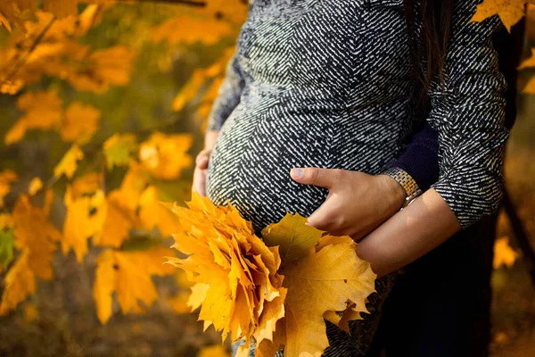 Unrecognizable Couple Pregnant Woman Her Husband Hugging Belly Nature Standing — Stock Photo, Image