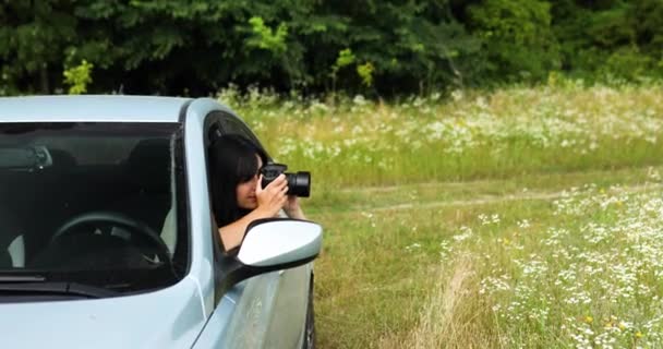 Женщина-фотограф сидит в машине и фотографирует пейзаж цветочного поля — стоковое видео