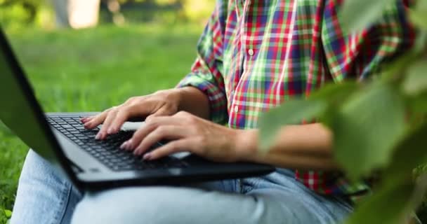 在公园的草坪上 穿着休闲装的女自由职业者 带着电脑笔记本电脑坐在草地上 自由职业者带着笔记本 聪明的办公室在室外 女孩在学习 在线教育 — 图库视频影像