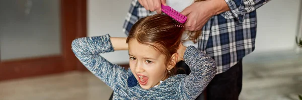 Banner Father Combing Brushing His Daughter Hair Home Child Making — Stock Photo, Image