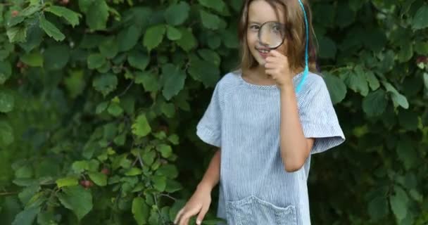 Gadis Kecil Bermain Dengan Kaca Pembesar Halaman Belakang Rumahnya Membuat — Stok Video