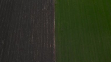 Zemin ve yeşil alan üzerinde uçan hava aracı, tarımsal tarlaların en alt görüntüsü.