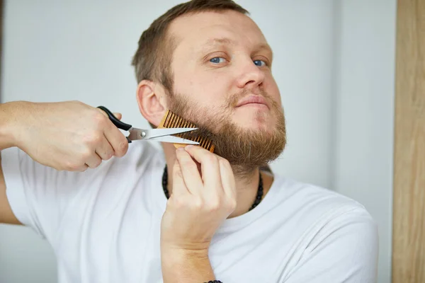 Handsome Man White Shirts Cutting Beard Moustache Personally Himself Scissors — Stock Photo, Image