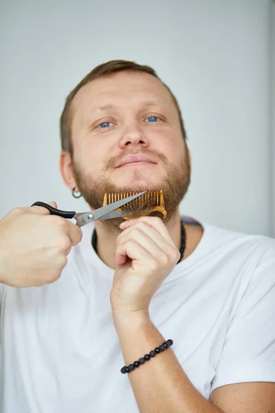 Handsome Man White Shirts Cutting Beard Moustache Personally Himself Scissors — Stock Photo, Image