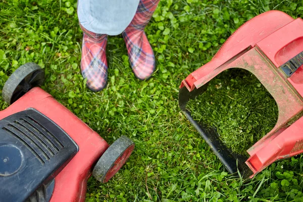 Von Oben Unkenntlich Frau Mit Rasenmäher Gras Heimischen Garten Gärtnerin — Stockfoto