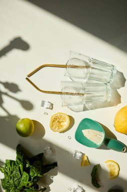 İçeceğe hazırlık için taze limon ve fesleğen malzemeleri hazır. Limonlar, nane ve cam karışımı..