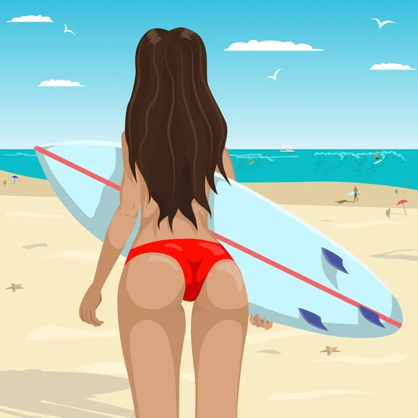 Fille avec une planche de surf sur la plage — Image vectorielle