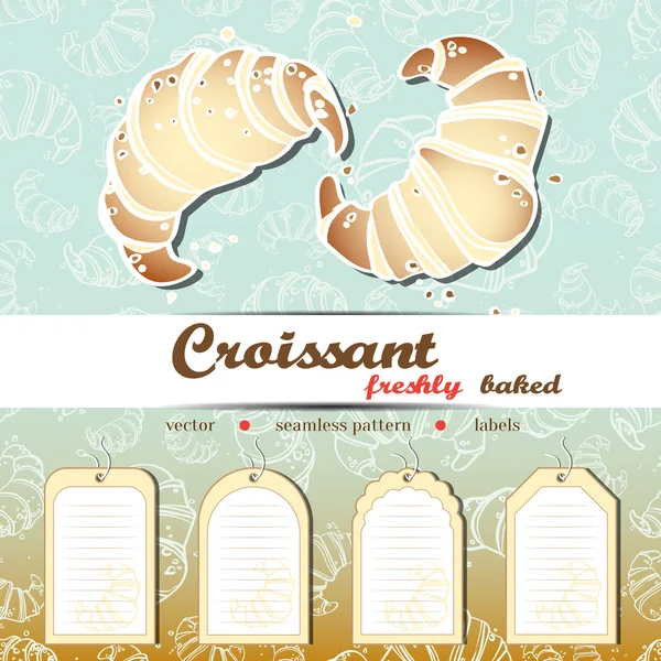 Isolierte Vektor Croissant und Croissants Etiketten Set. Nahtloses Croissant. — Stockvektor