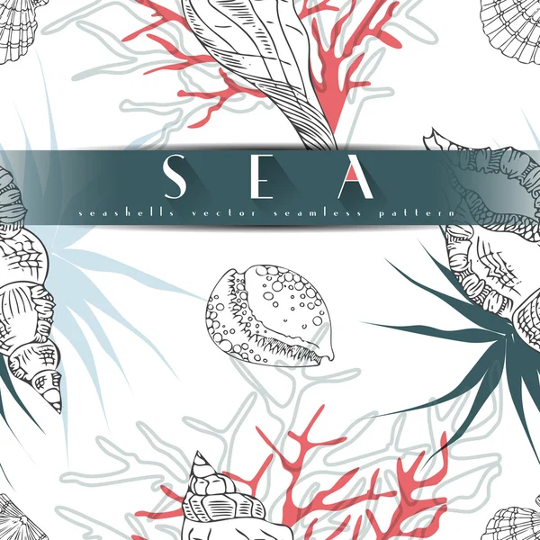 Seashells vector patrón sin costuras con algas, corales rojos en diferentes formas fondo blanco. Vida marina, ilustración del concepto dibujado a mano aislado bajo el agua . — Vector de stock