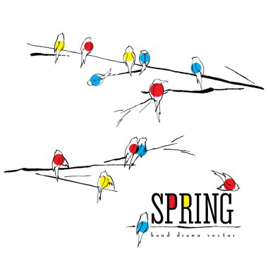 Birds on branch vector card, various birds silhouettes made with ink pen, singing and chirping birds are marked with different colors. Spring background. clipart