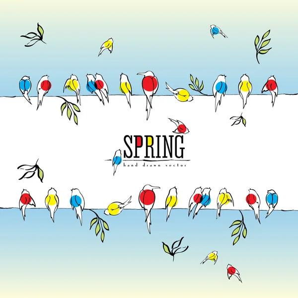 Uccelli su filo vettore, varie sagome di uccelli realizzati con penna inchiostro, canto e cinguettio uccelli sono contrassegnati con colori diversi. Sfondo primavera . — Vettoriale Stock