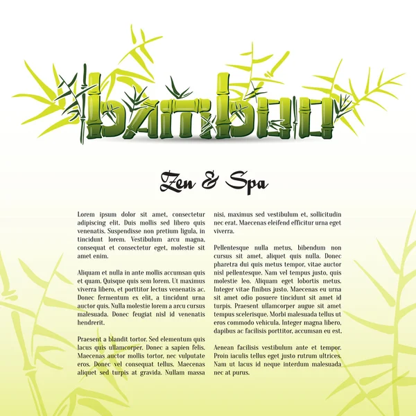 Los tallos de bambú verde backgroung vector con el logotipo de bambú tinta pluma estilo de pintura. Ilustración simple de bambú verde sobre fondo verde claro con texto. Arbusto de bambú. Hojas de bambú. Para zen y spa . — Vector de stock