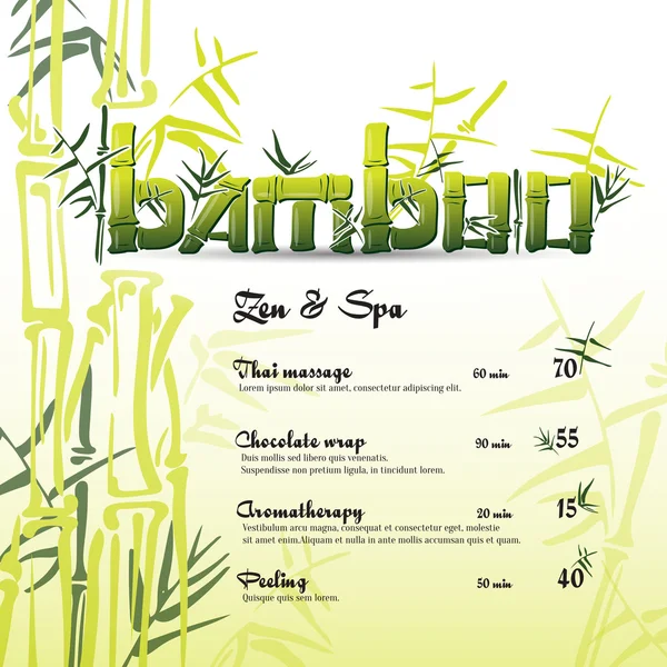 Los tallos de bambú verde backgroung vector con el logotipo de bambú tinta pluma estilo de pintura. Ilustración simple de bambú verde sobre fondo verde claro con texto. Arbusto de bambú. Hojas de bambú. Para zen y spa . — Vector de stock