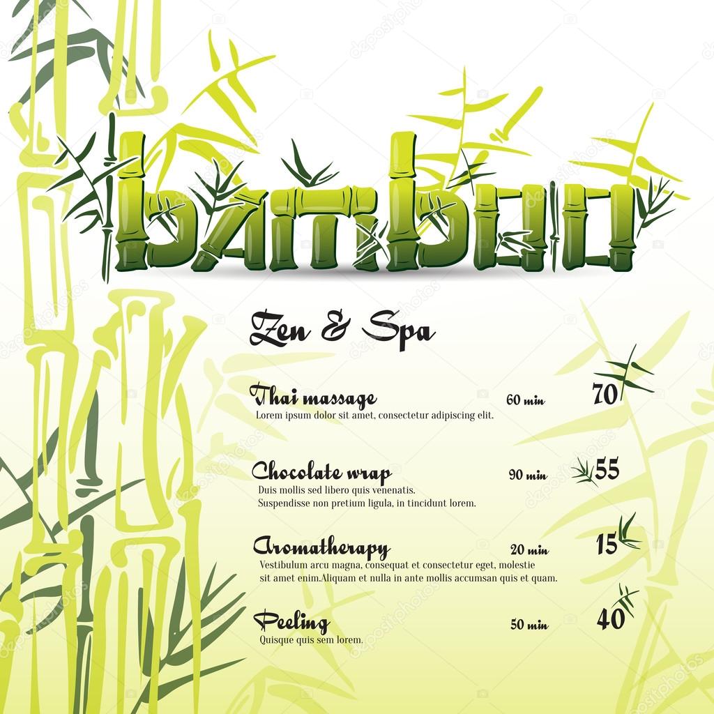 Bamboo stems green backgroung vector with bamboo logo ink pen painting style. Simple green bamboo illustration on light green background with text. Bamboo bush. Bamboo leaves. For zen and spa.