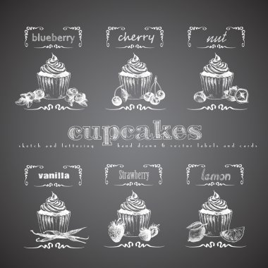 Cupcakes çizilmiş koleksiyonu ver. Vektör vintage illüstrasyon kiraz, yaban mersini, vanilya, fındık, çilek, limon ve mektup öğeleri.