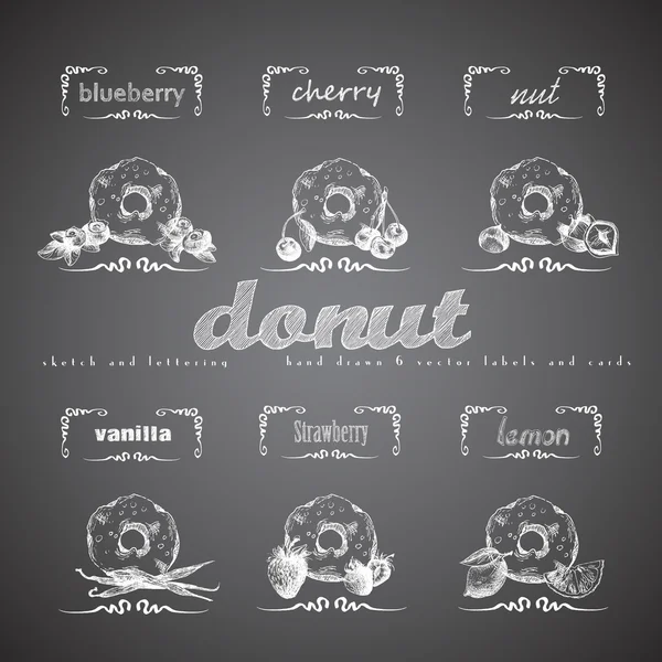 Donuts handgezeichnete Sammlung. Vektor Vintage Illustration mit Kirsche, Blaubeere, Vanille, Nuss, Erdbeere, Zitrone und Buchstabenelementen. — Stockvektor