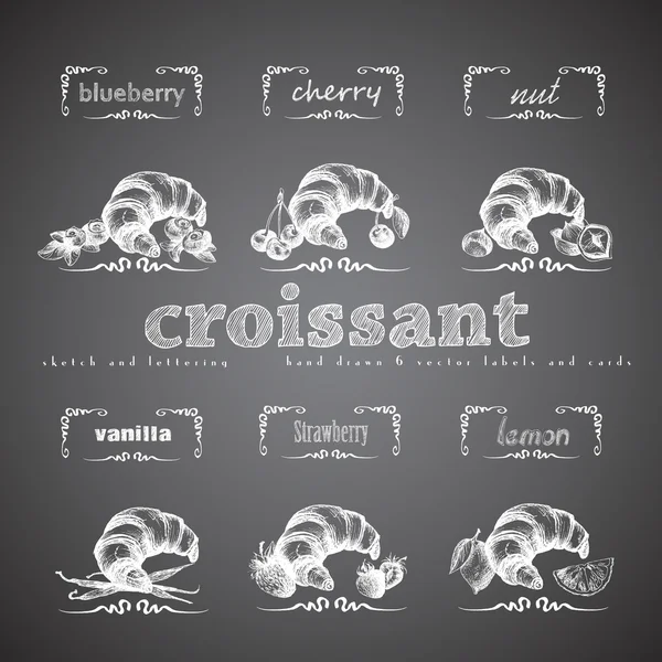 Croissant kézzel rajzolt gyűjtemény. Vektoros illusztráció vintage cseresznye, áfonya, vanília, dió, eper, citrom és levél elemek. — Stock Vector