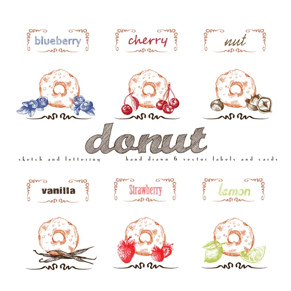 Donuts handgezeichnete Sammlung. Vektor Vintage Illustration mit c — Stockvektor