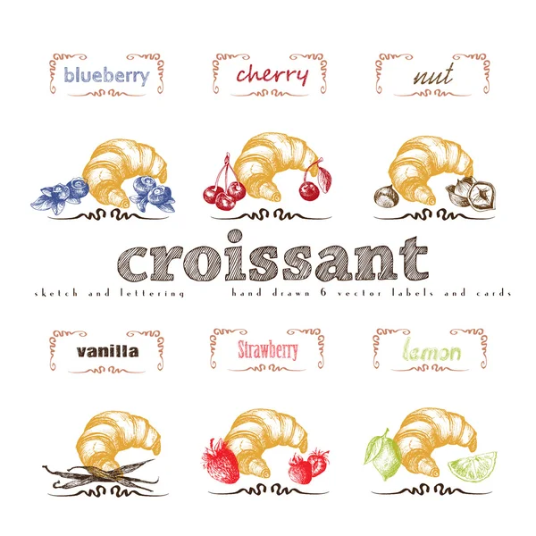 Croissanter hand dras samling. Vektor vintage illustration med körsbär, blåbär, vanilj, mutter, jordgubb, citron och brev element. — Stock vektor