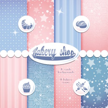 Bakery shop pink and blue background set seamless pattern clipart